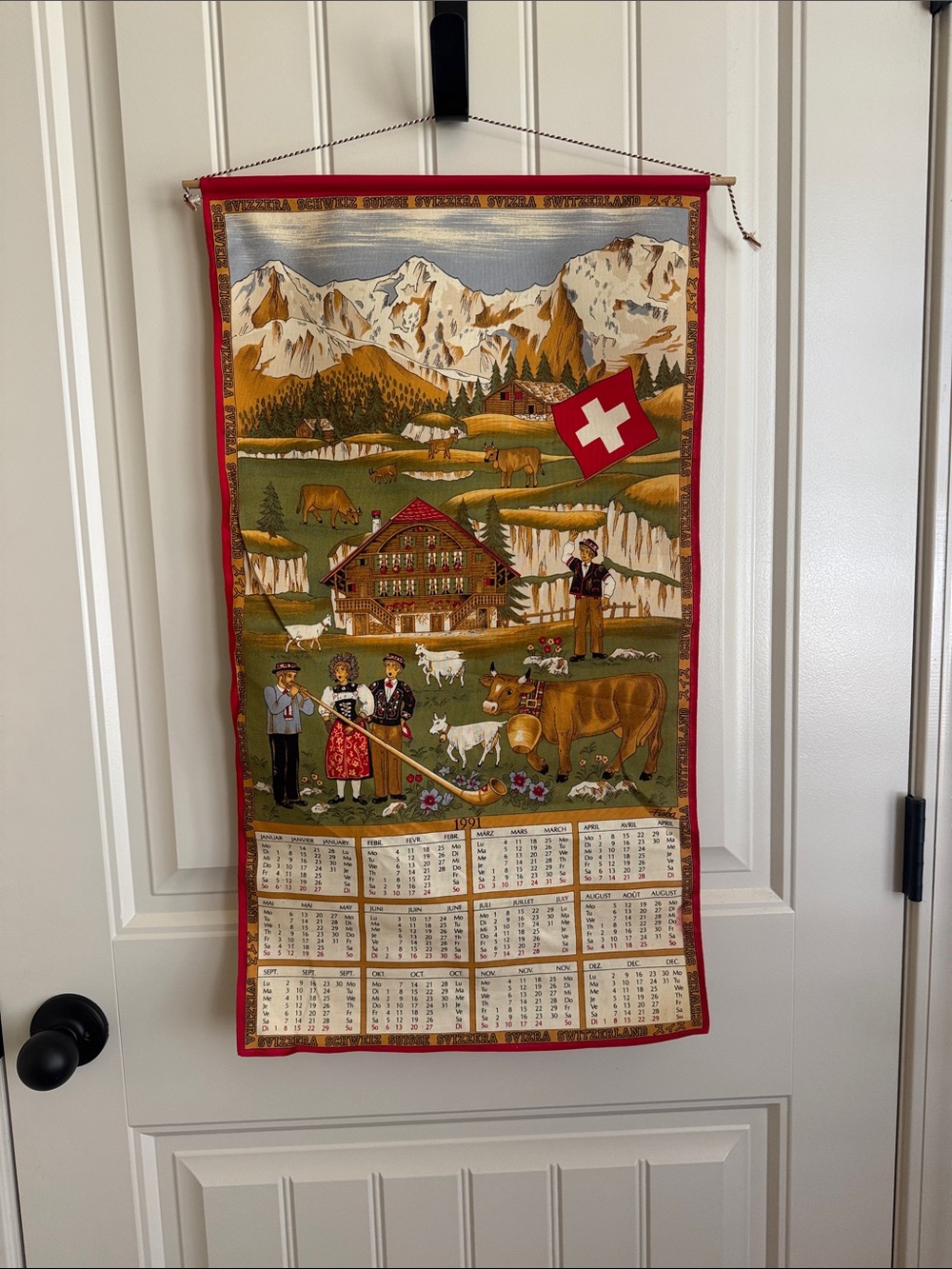 Vintage 1991 Switzerland Fabric Calendar Wall Hanging